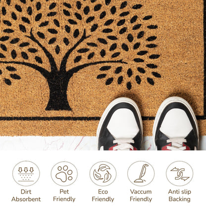 Coco Coir Door Mat Welcome Mat with Tree Print Beige 30x17x0.6