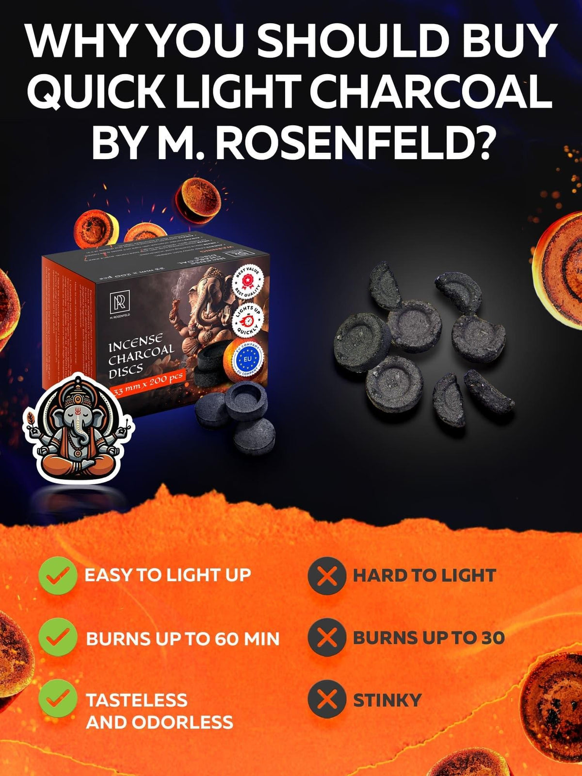Charcoal Discs to Burn Incense  200 pcs Charcoal for Incense Burning  33 mm Most Quick Light Coals Tablets by M. ROSENFELD  33 mm Resin Burner Rolls – Pack of 200 Instant Fire Coal Tablets