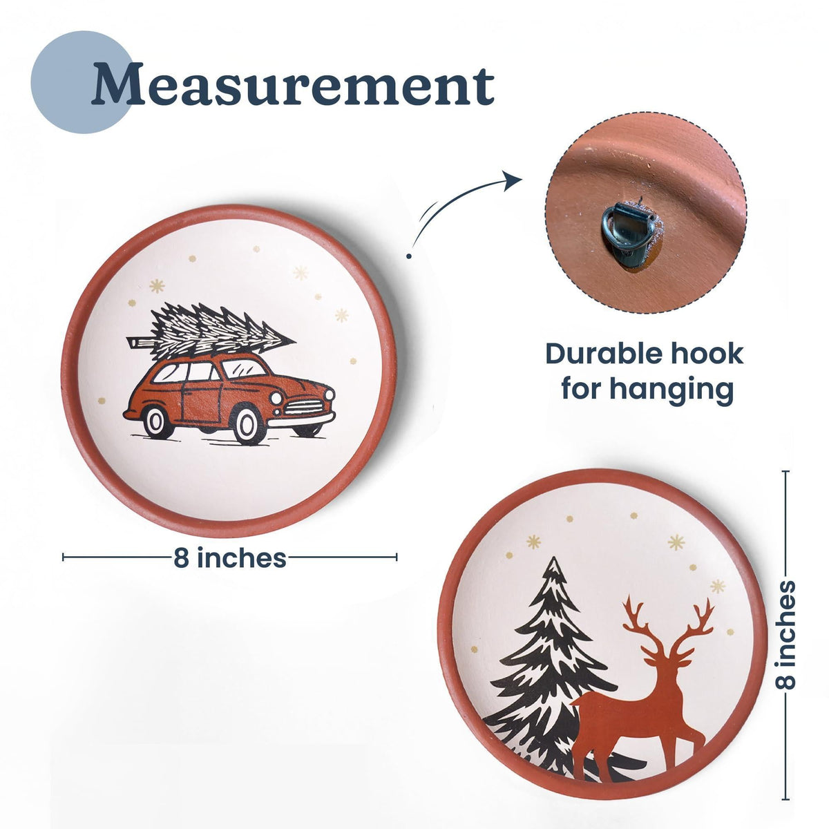 8 Inch Terracotta Winter Plates Set of 2 Ceramic Wall Hanging Clay Decorative Plates for Winter Decorations Round Wall Decor for Living Room & Kitchen