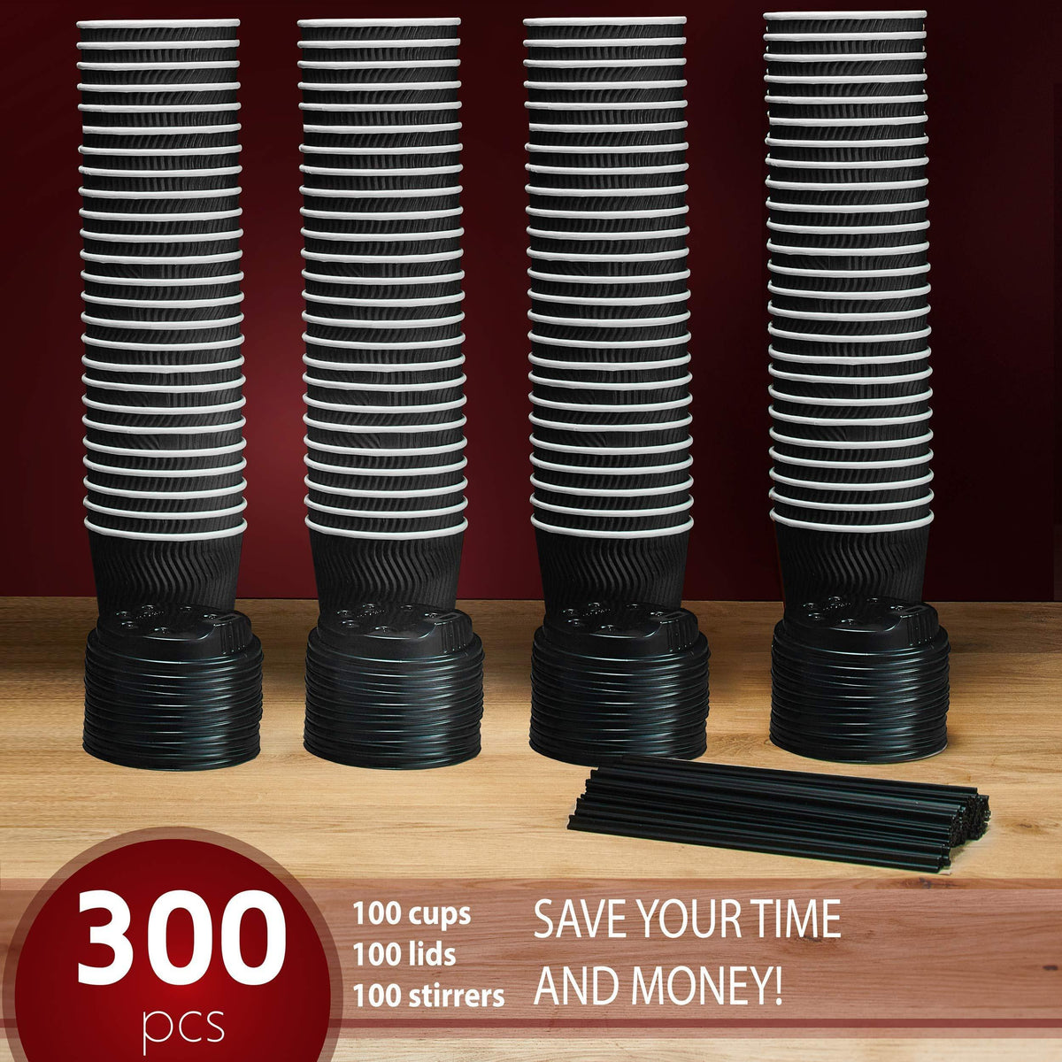 Primens Insulated Disposable Coffee Cups with Lids & Straws 12 oz, 100 Packs  Paper Cups for Hot Beverage Drinks To Go Tea Coffee Home Office Car Coffee Shop Party (Black)
