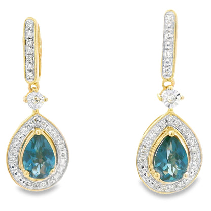 London Blue Topaz Dangle Earrings 10KT Yellow Gold