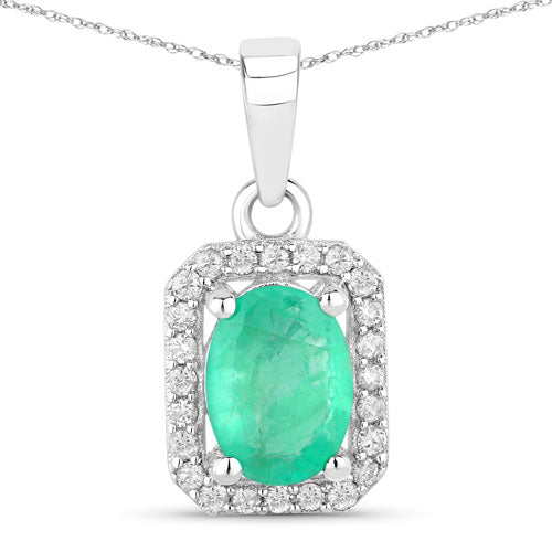 0.83 Carat Genuine Zambian Emerald and White Diamond 10K White Gold Pendant