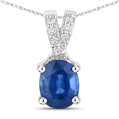 0.71 Carat Genuine Blue Sapphire and White Diamond 14K White Gold Pendant