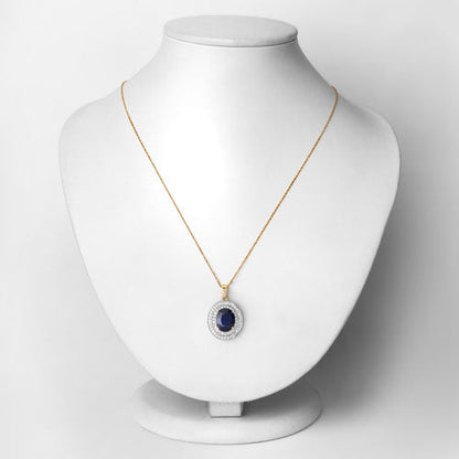 4.82 Carat Genuine Blue Sapphire and White Diamond 14K Yellow Gold Pendant