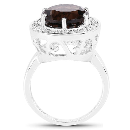 4.52 Carat Genuine Smoky Quartz and White Topaz .925 Sterling Silver Ring