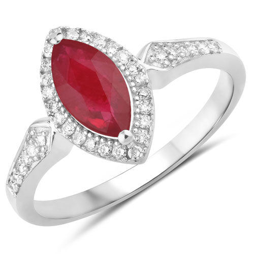 0.96 Carat Genuine Ruby and White Diamond 14K White Gold Ring