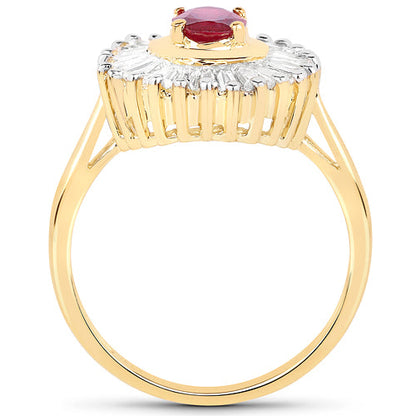 14K Yellow Gold Plated 2.44 Carat Glass Filled Ruby and White Topaz .925 Sterling Silver Ring
