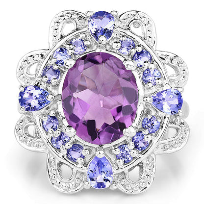 3.13 Carat Genuine Amethyst and Tanzanite .925 Sterling Silver Ring