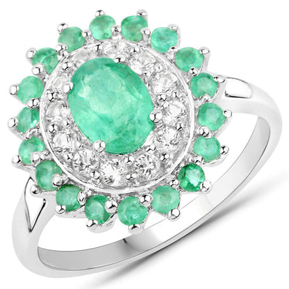6.53 Carat Genuine Zambian Emerald and White Topaz .925 Sterling Silver 3 Piece Jewelry Set (Ring, Earrings, and Pendant w/ Chain)