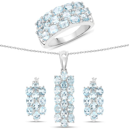 9.88 Carat Genuine Blue Topaz .925 Sterling Silver 3 Piece Jewelry Set (Ring, Earrings, and Pendant w/ Chain)